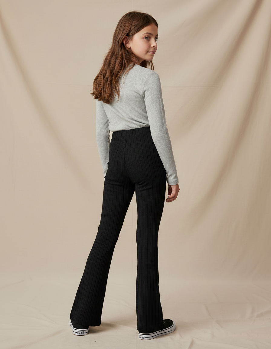 Pantalon Noir Côtelé Évasé Stretch Fille - Maille - vue 2