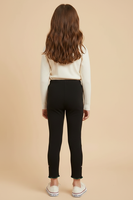 Pantalon Noir Côtelé Brodé Floral Fille Slim - Maille - vue 2