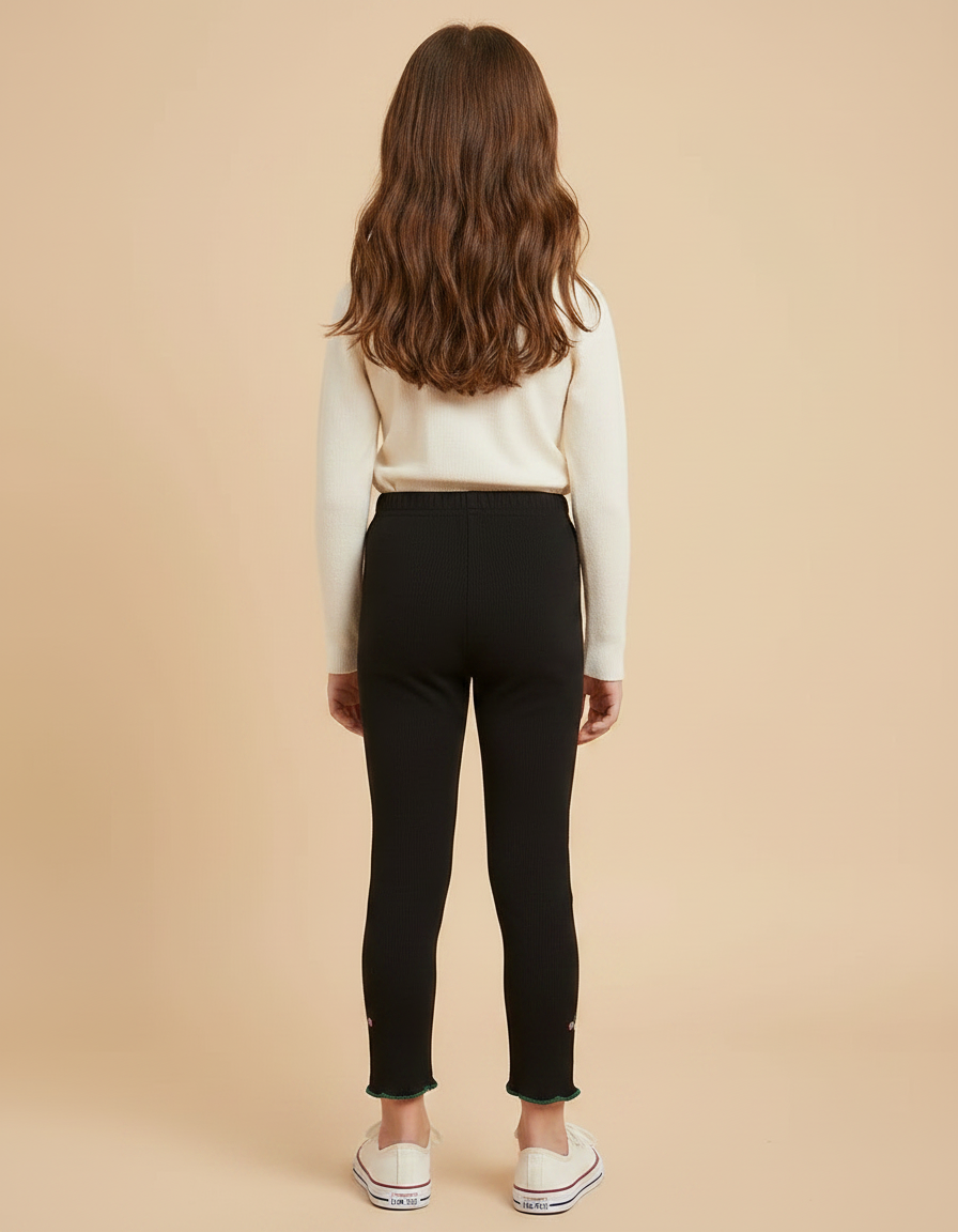 Pantalon Noir Côtelé Brodé Floral Fille Slim - Maille - vue 2