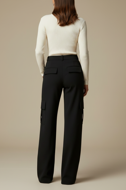 Pantalon Noir Cargo Droit Fluide Élégant Femme - Gabardine - vue 2