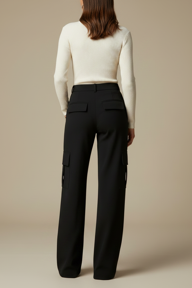 Pantalon Noir Cargo Droit Fluide Élégant Femme - Gabardine - vue 2