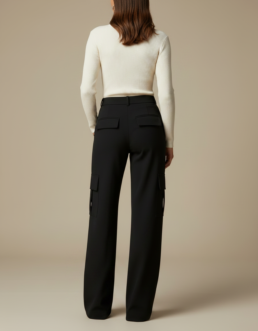 Pantalon Noir Cargo Droit Fluide Élégant Femme - Gabardine - vue 2