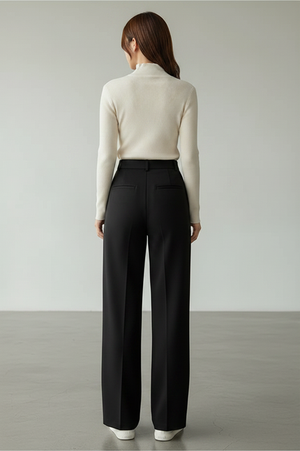 Pantalon Noir Fluide Taille Haute Large Décontracté - Polyester - vue 2
