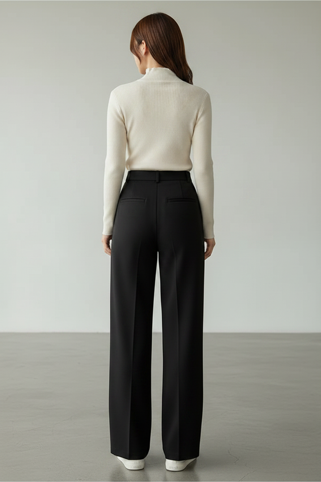 Pantalon Noir Fluide Taille Haute Large Décontracté - Polyester - vue 2