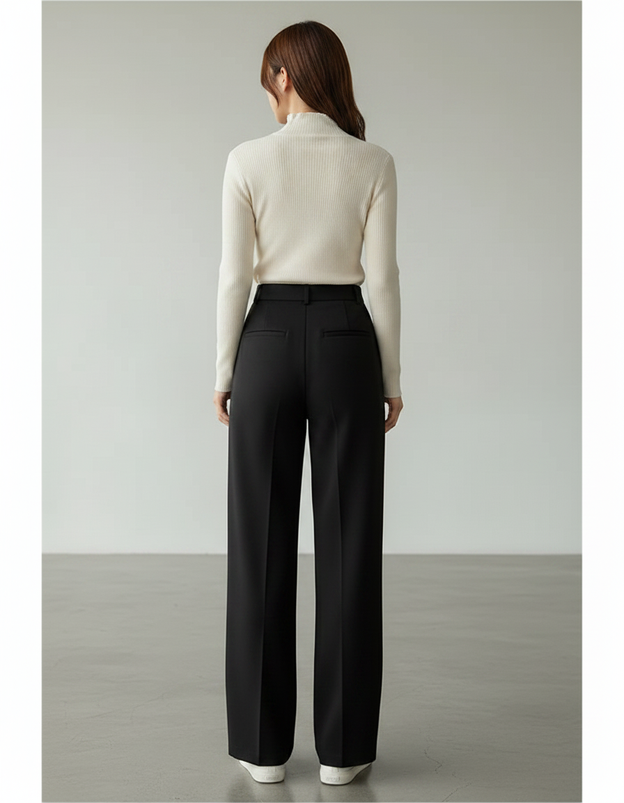 Pantalon Noir Fluide Taille Haute Large Décontracté - Polyester - vue 2
