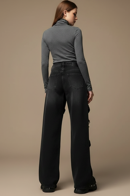 Pantalon Noir Déchiré Brodé Large Streetwear Gothique - Jean - vue 2