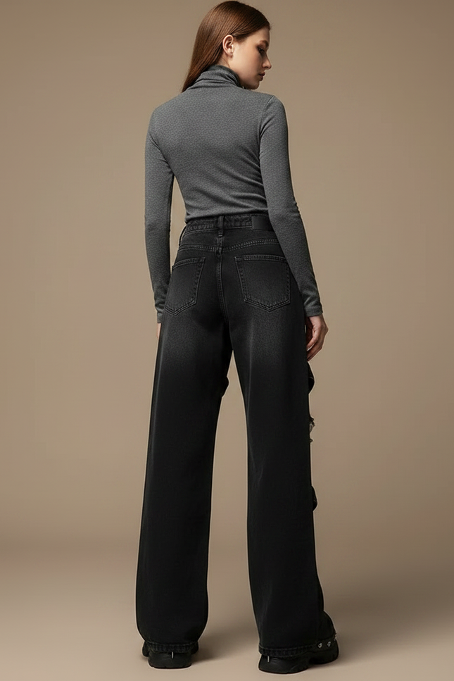 Pantalon Noir Déchiré Brodé Large Streetwear Gothique - Jean - vue 2