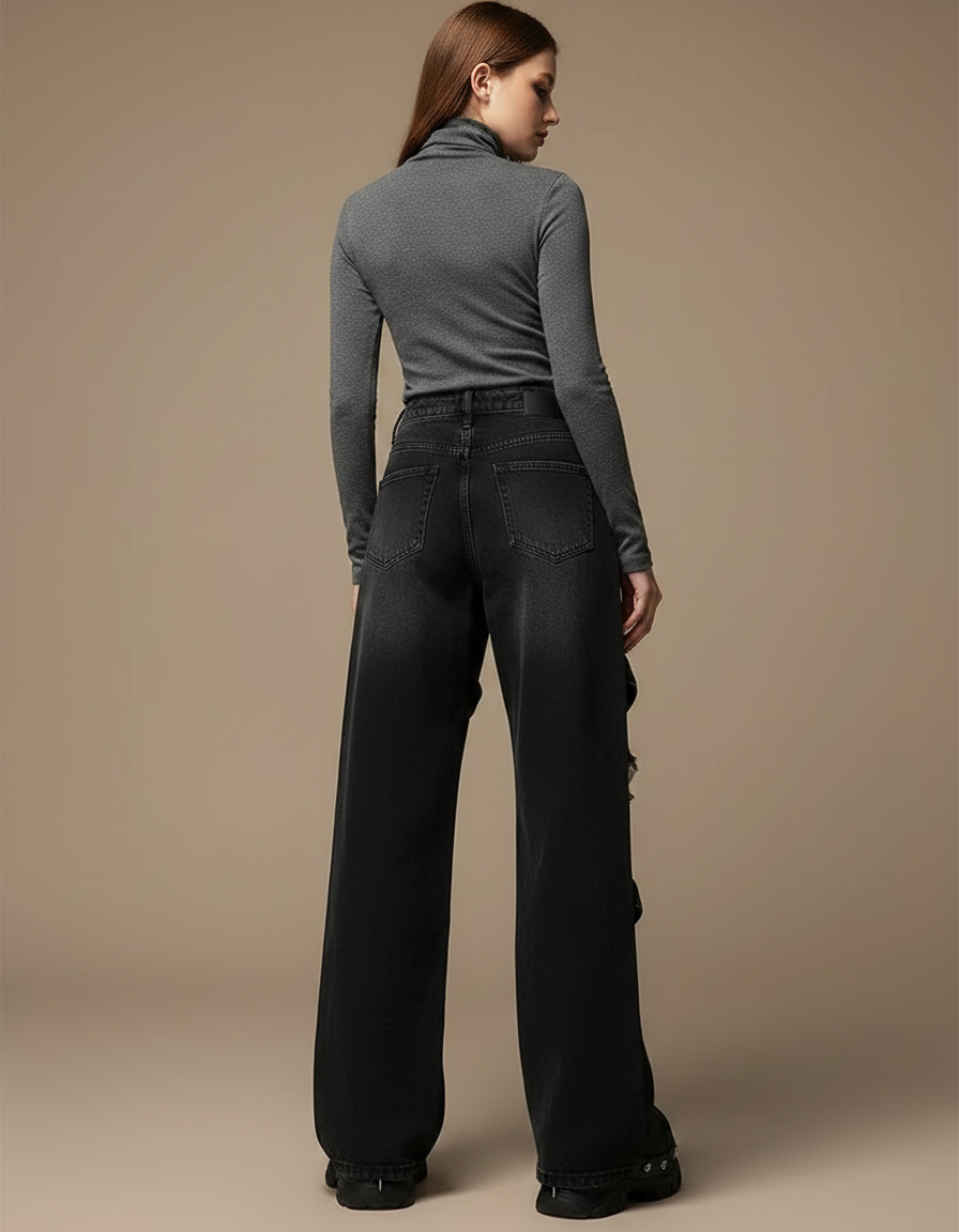Pantalon Noir Déchiré Brodé Large Streetwear Gothique - Jean - vue 2