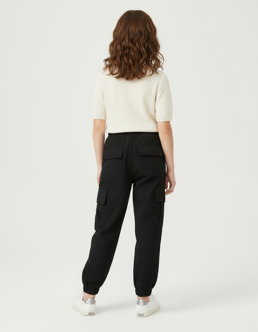 Pantalon Noir Cargo Ample Cordon Enfant - Polyester - vue 2