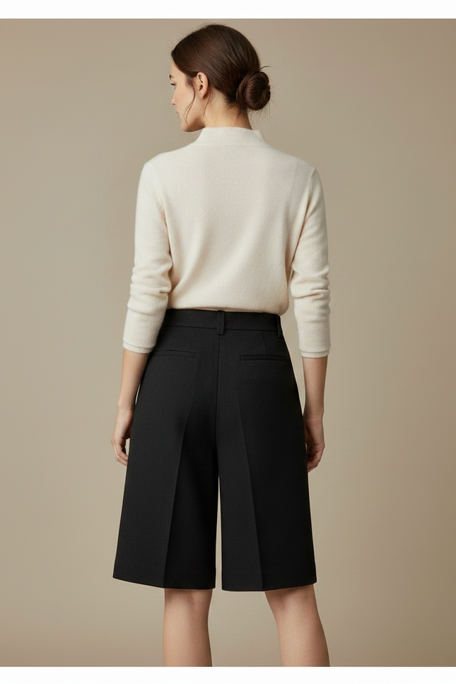 Pantalon Noir Laine Plissé Bermuda Élégant Femme - vue 2