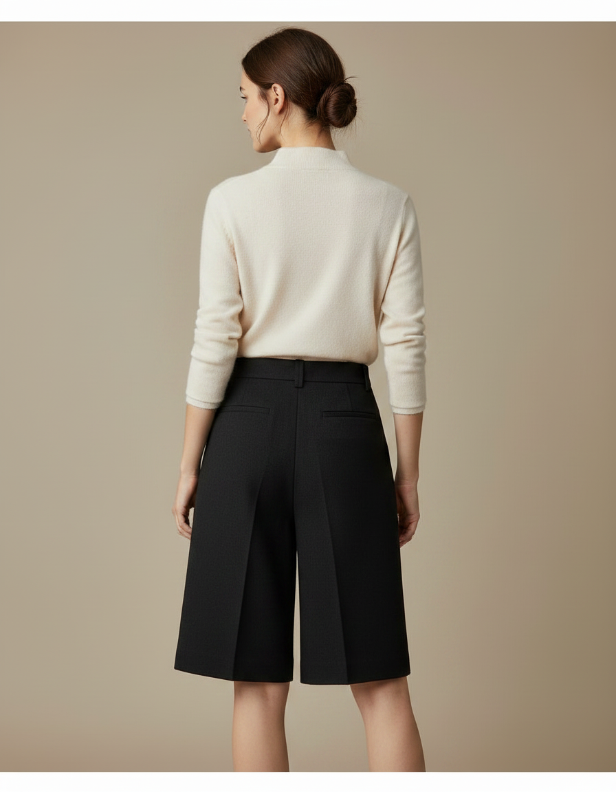 Pantalon Noir Laine Plissé Bermuda Élégant Femme - vue 2