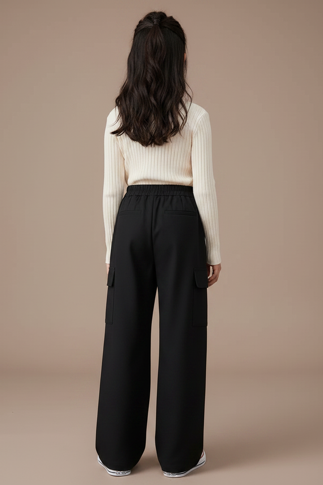 Pantalon Noir Cargo Ample Fille Hiver - Polyester - vue 2