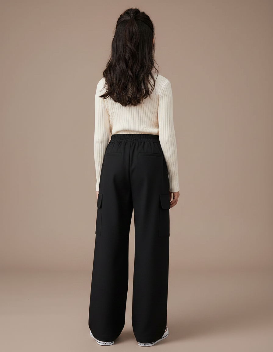 Pantalon Noir Cargo Ample Fille Hiver - Polyester - vue 2