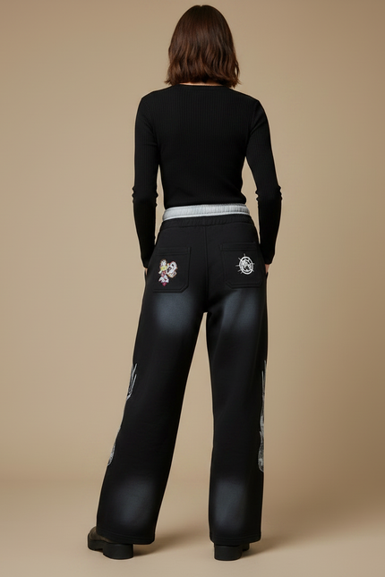 Pantalon Noir Large Imprimé Décontracté Streetwear Femme - Molleton - vue 2