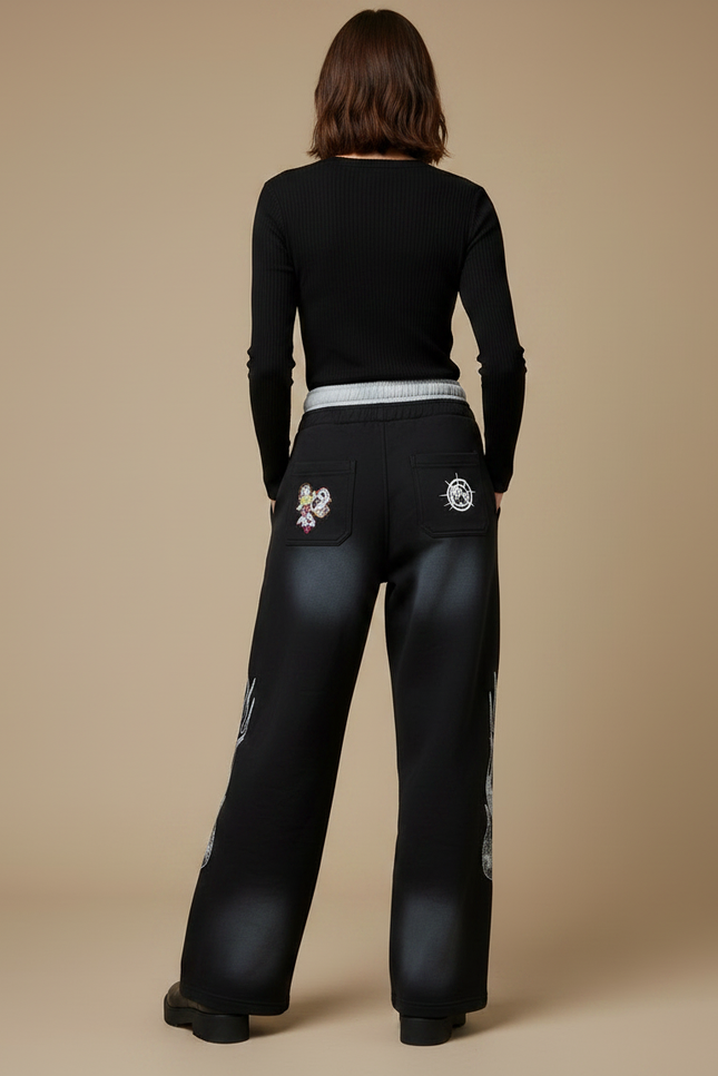 Pantalon Noir Large Imprimé Décontracté Streetwear Femme - Molleton - vue 2