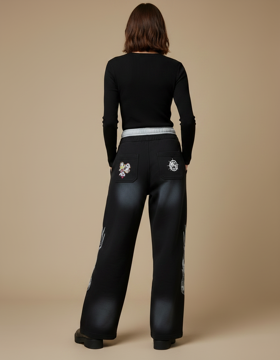 Pantalon Noir Large Imprimé Décontracté Streetwear Femme - Molleton - vue 2