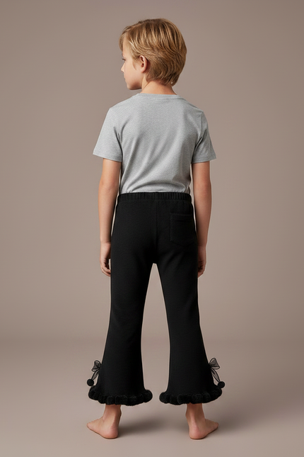 Pantalon Noir Côtelé Évasé Nœuds Pompons Fille - Maille - vue 2