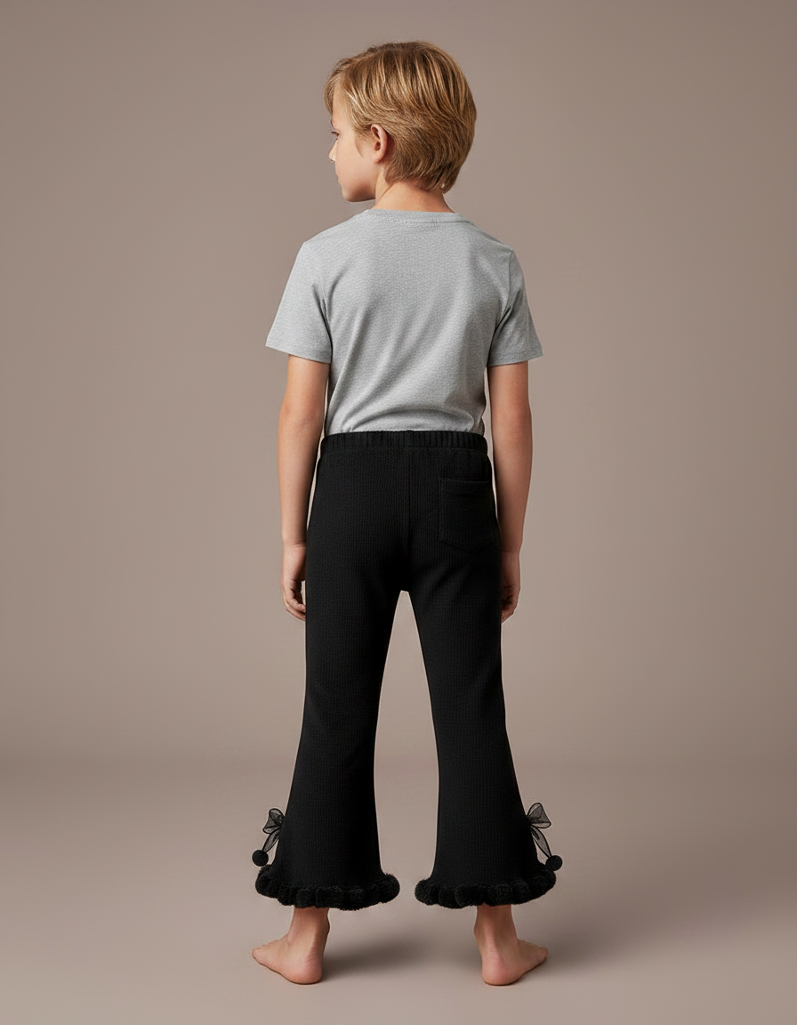 Pantalon Noir Côtelé Évasé Nœuds Pompons Fille - Maille - vue 2