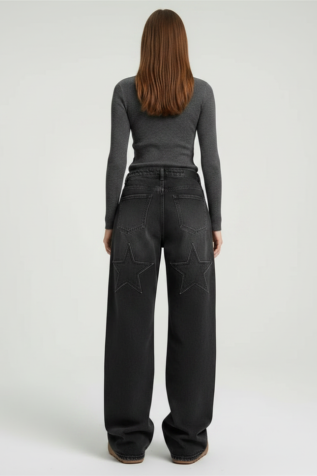 Pantalon Noir Jeans Ample Découpé Étoiles Rétro - vue 2