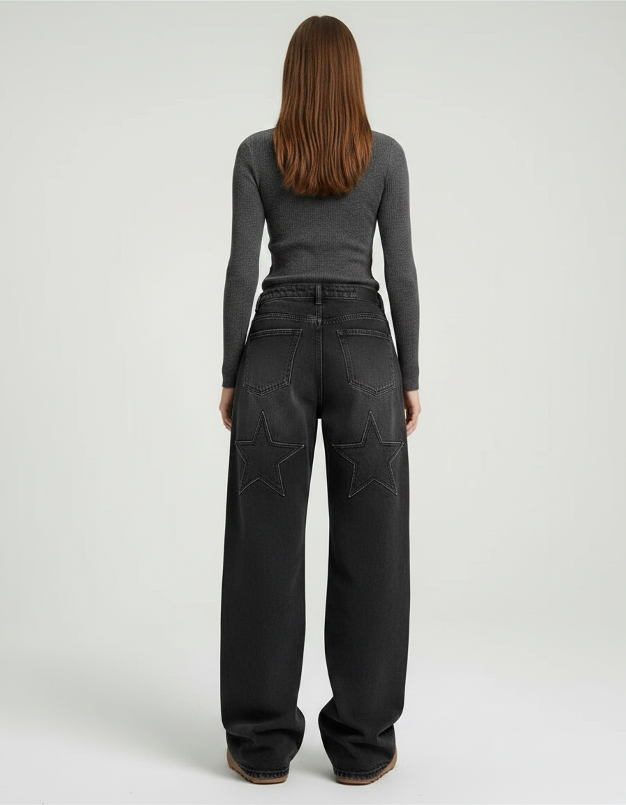 Pantalon Noir Jeans Ample Découpé Étoiles Rétro - vue 2