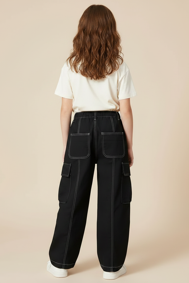 Pantalon Noir Cargo Ample Streetwear Fille - Toile - vue 2