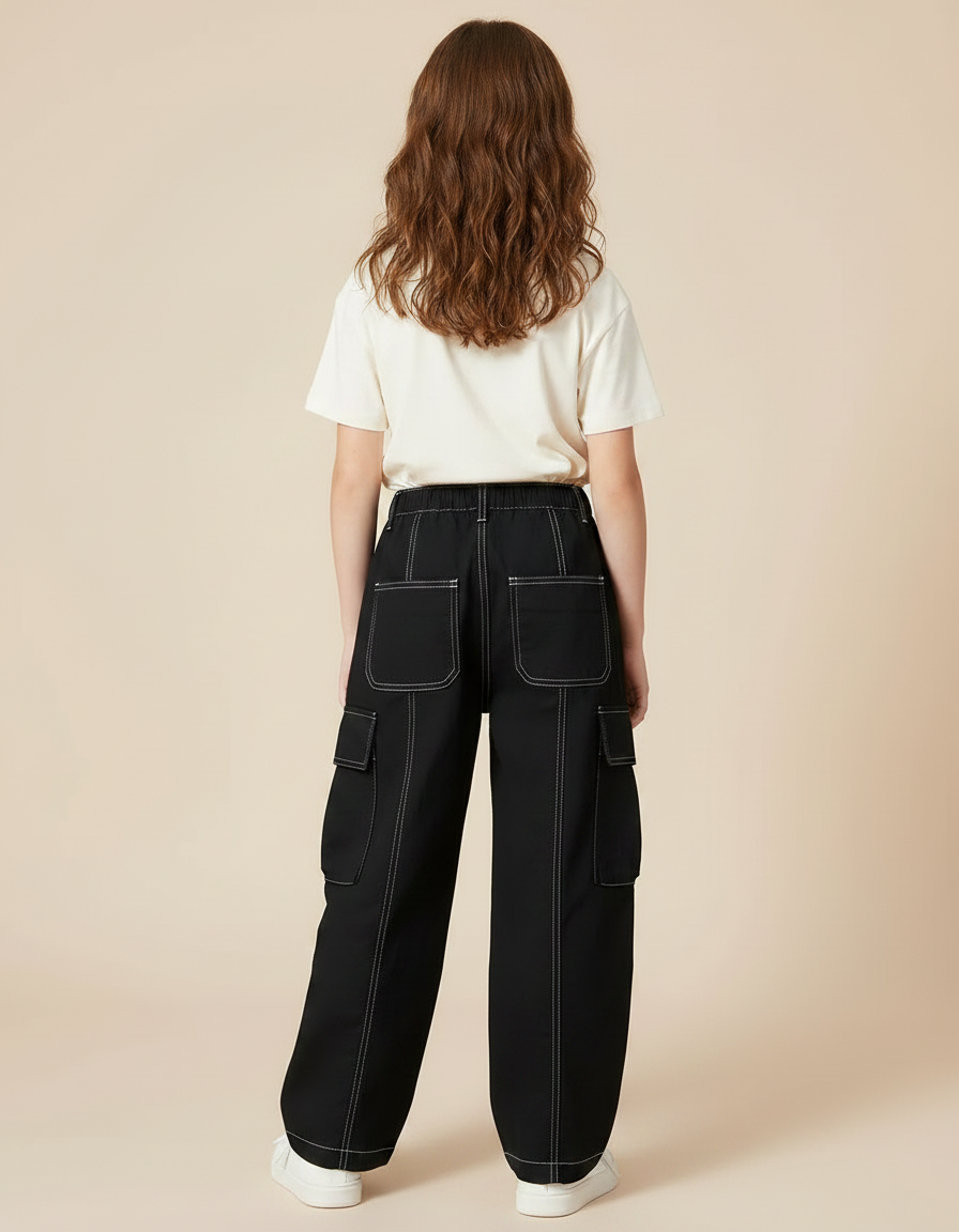 Pantalon Noir Cargo Ample Streetwear Fille - Toile - vue 2