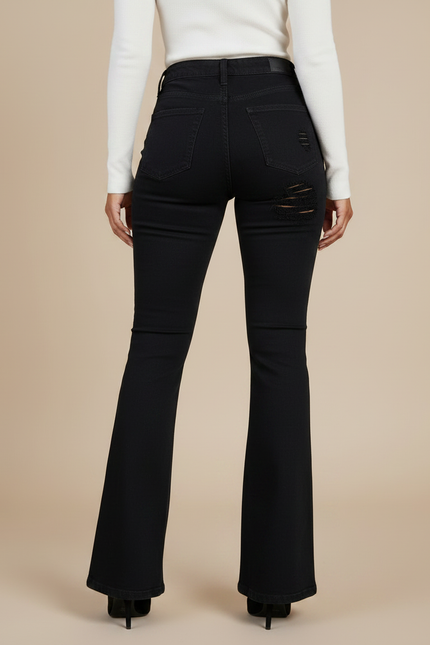 Pantalon Noir Jean Flare Taille Haute Délavé Femme - vue 2