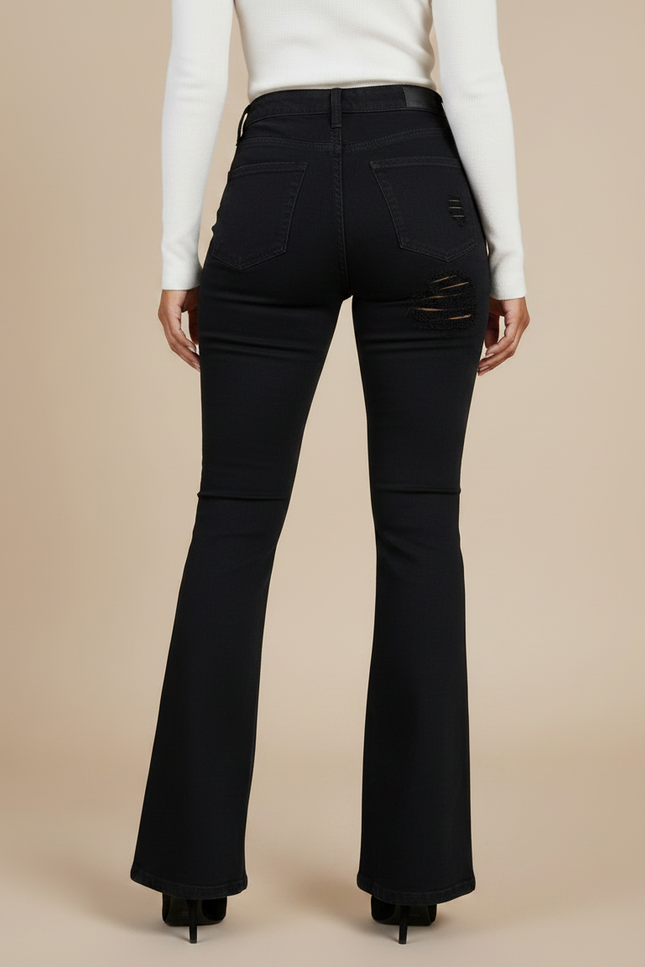 Pantalon Noir Jean Flare Taille Haute Délavé Femme - vue 2