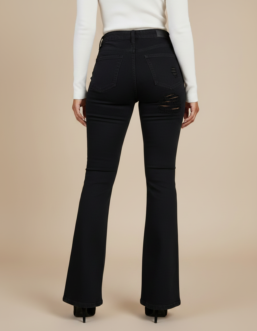Pantalon Noir Jean Flare Taille Haute Délavé Femme - vue 2