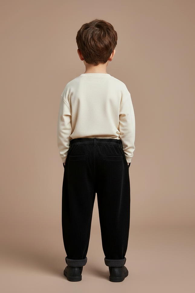 Pantalon Noir Côtelé Ample Doublé Chaud Enfant - Cordé - vue 2