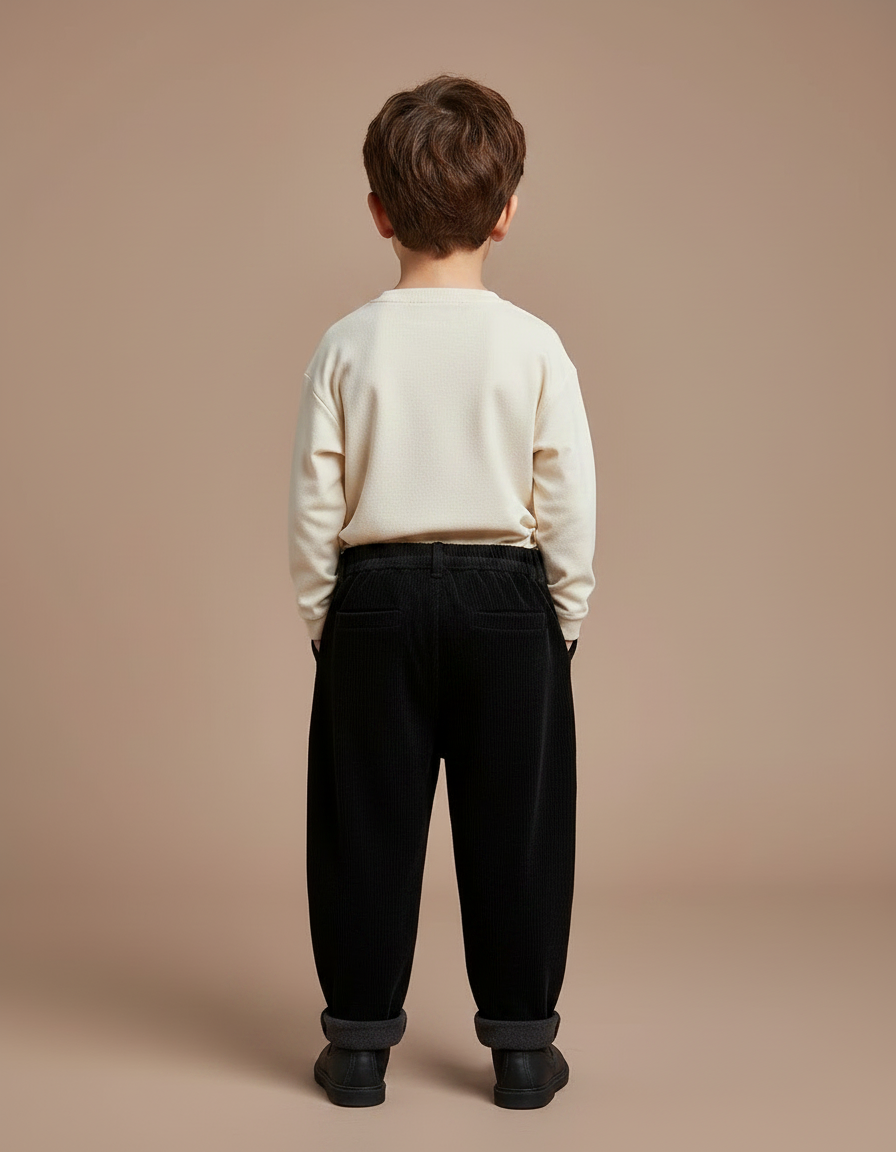 Pantalon Noir Côtelé Ample Doublé Chaud Enfant - Cordé - vue 2