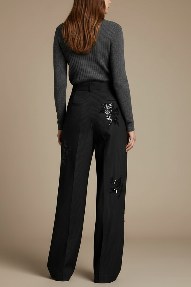Pantalon Noir Large Pinstripe Brodé Paillettes Élégant - Laine - vue 2