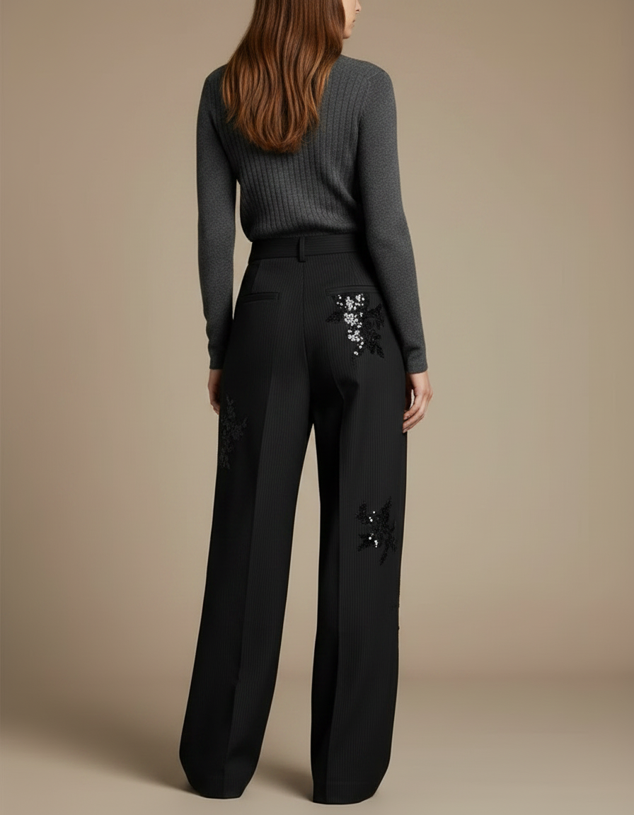 Pantalon Noir Large Pinstripe Brodé Paillettes Élégant - Laine - vue 2