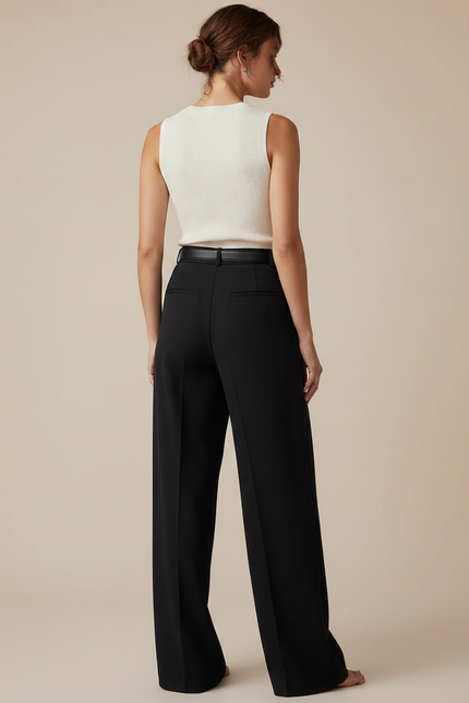 Pantalon Noir Taille Haute Large Fluide Élégant Femme - Gabardine - vue 2