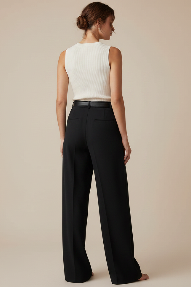 Pantalon Noir Taille Haute Large Fluide Élégant Femme - Gabardine - vue 2