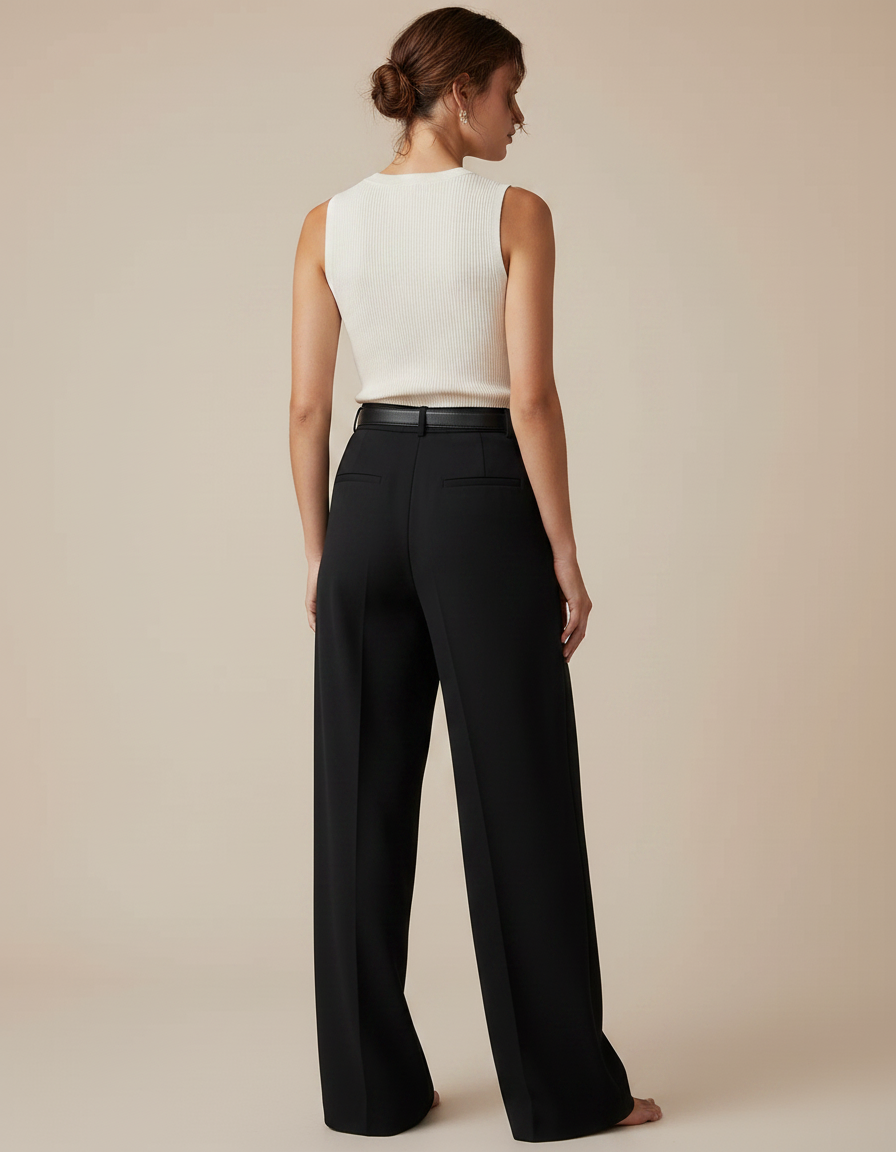 Pantalon Noir Taille Haute Large Fluide Élégant Femme - Gabardine - vue 2