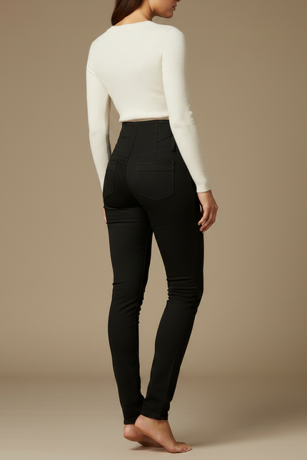 Pantalon Noir Femme Slim Taille Haute Boutons - Maille - vue 2