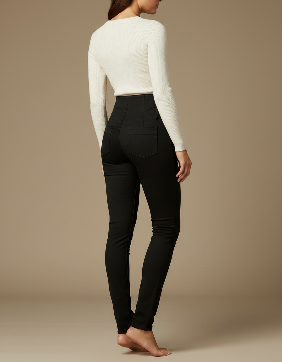 Pantalon Noir Femme Slim Taille Haute Boutons - Maille - vue 2