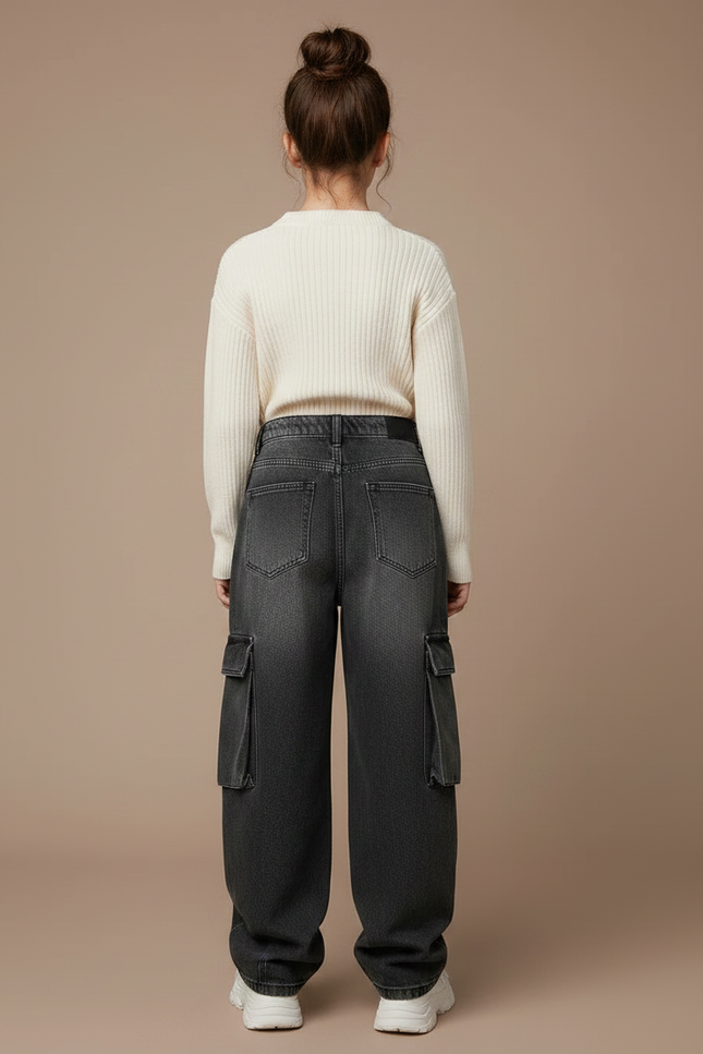 Pantalon Noir Cargo Ample Denim Enfant - Gris Jean - vue 2