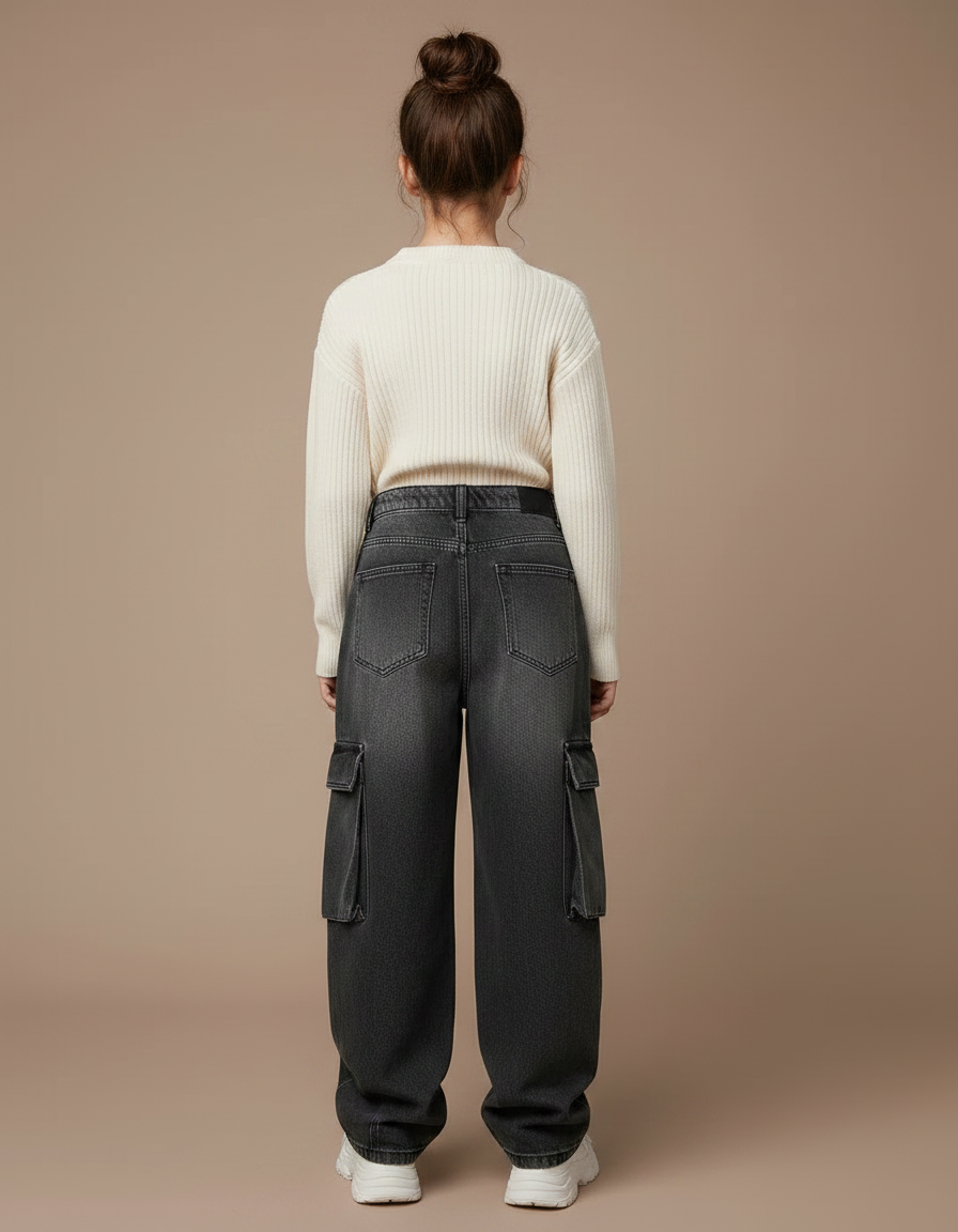 Pantalon Noir Cargo Ample Denim Enfant - Gris Jean - vue 2