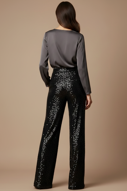 Pantalon Noir Paillettes Large Élégant Femme - Polyester - vue 2