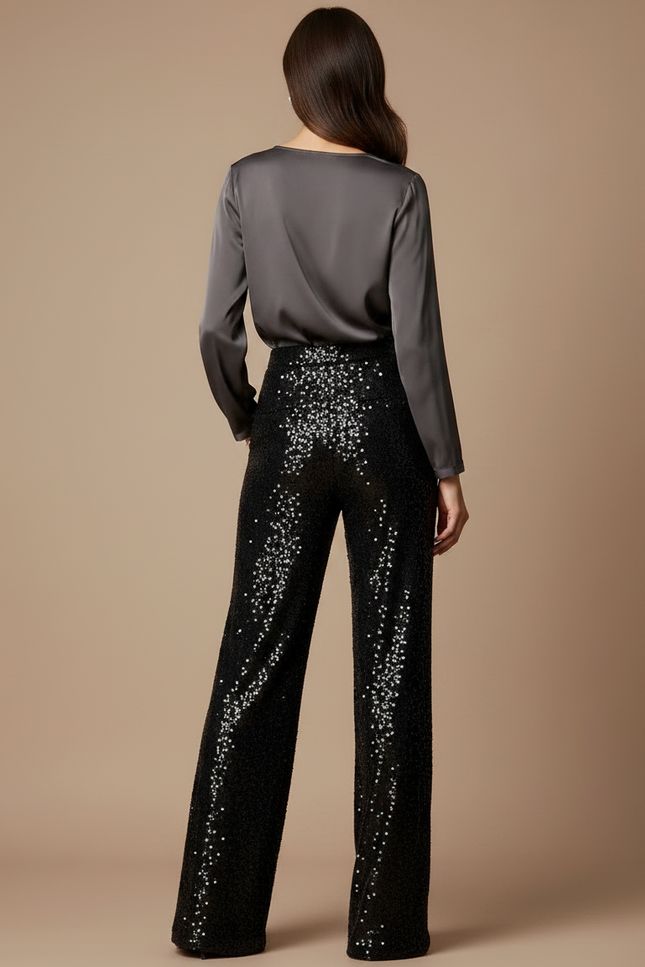 Pantalon Noir Paillettes Large Élégant Femme - Polyester - vue 2