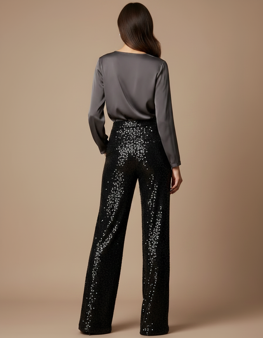 Pantalon Noir Paillettes Large Élégant Femme - Polyester - vue 2