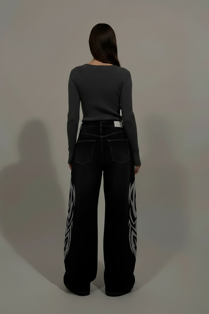 Pantalon Noir Baggy Tribal Ample Streetwear Femme - Jean - vue 2