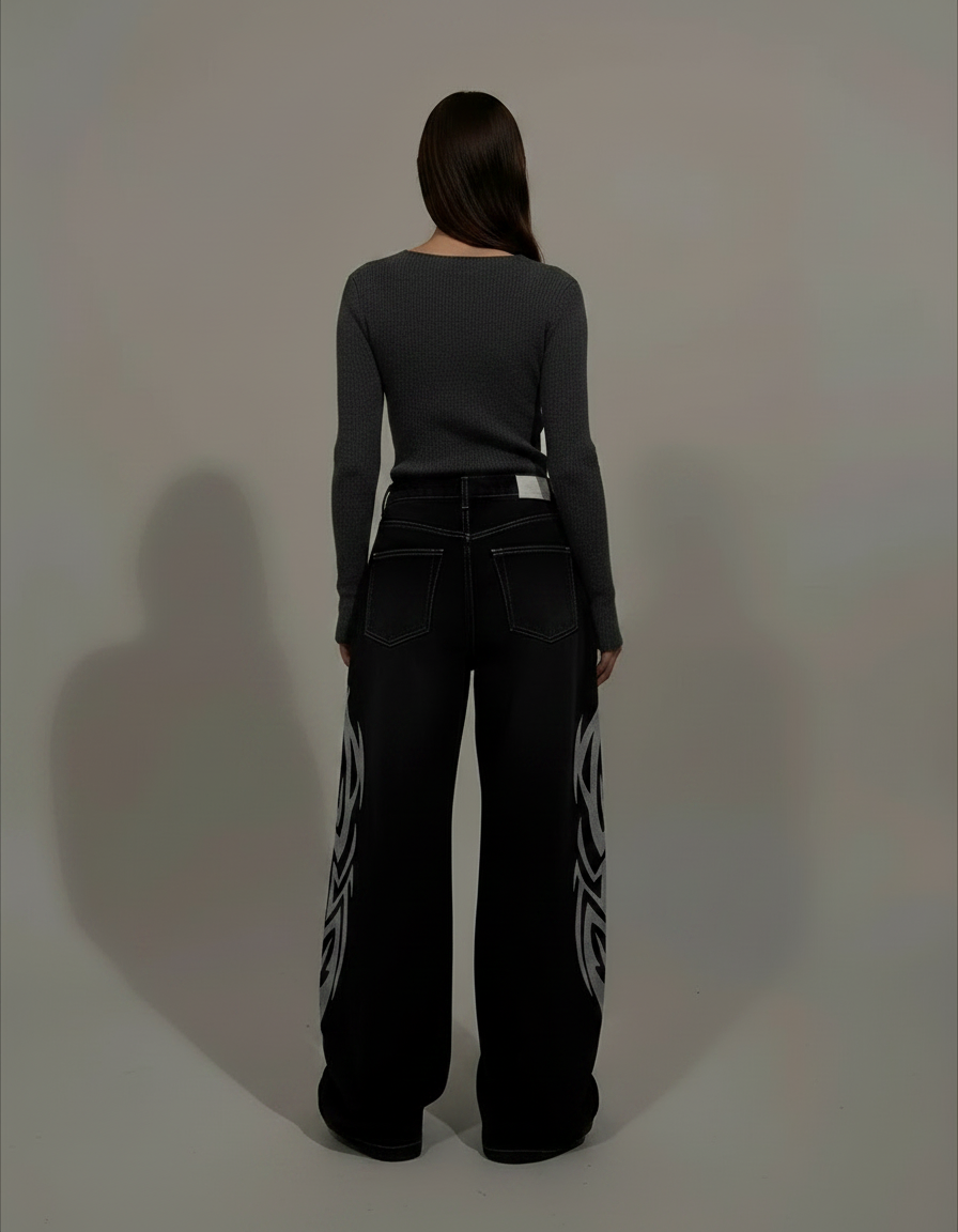 Pantalon Noir Baggy Tribal Ample Streetwear Femme - Jean - vue 2