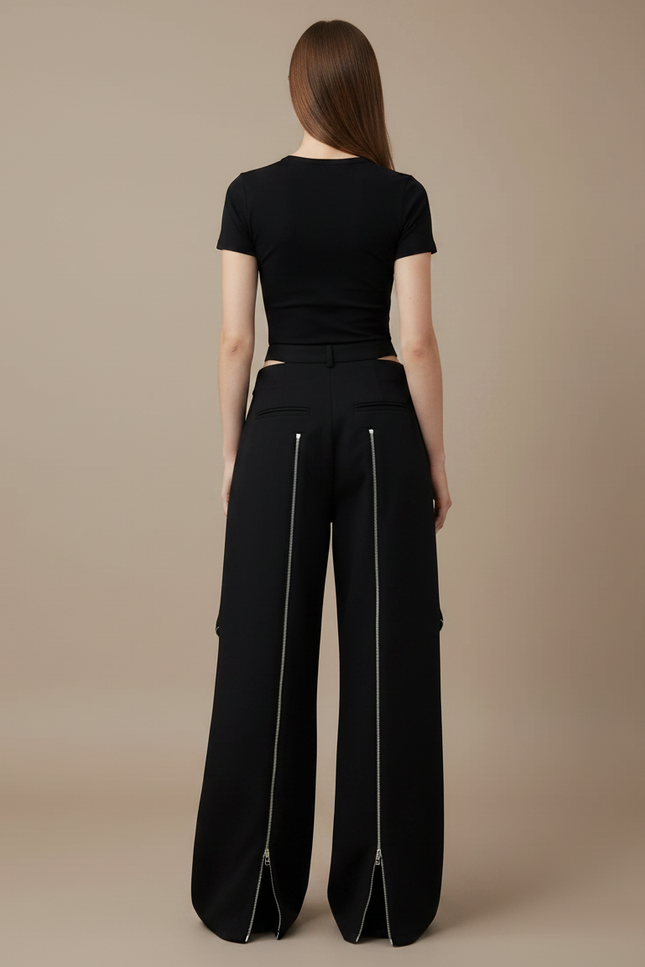 Pantalon Noir Ample Zippé Chaînes Découpé Femme - Polyester - vue 2