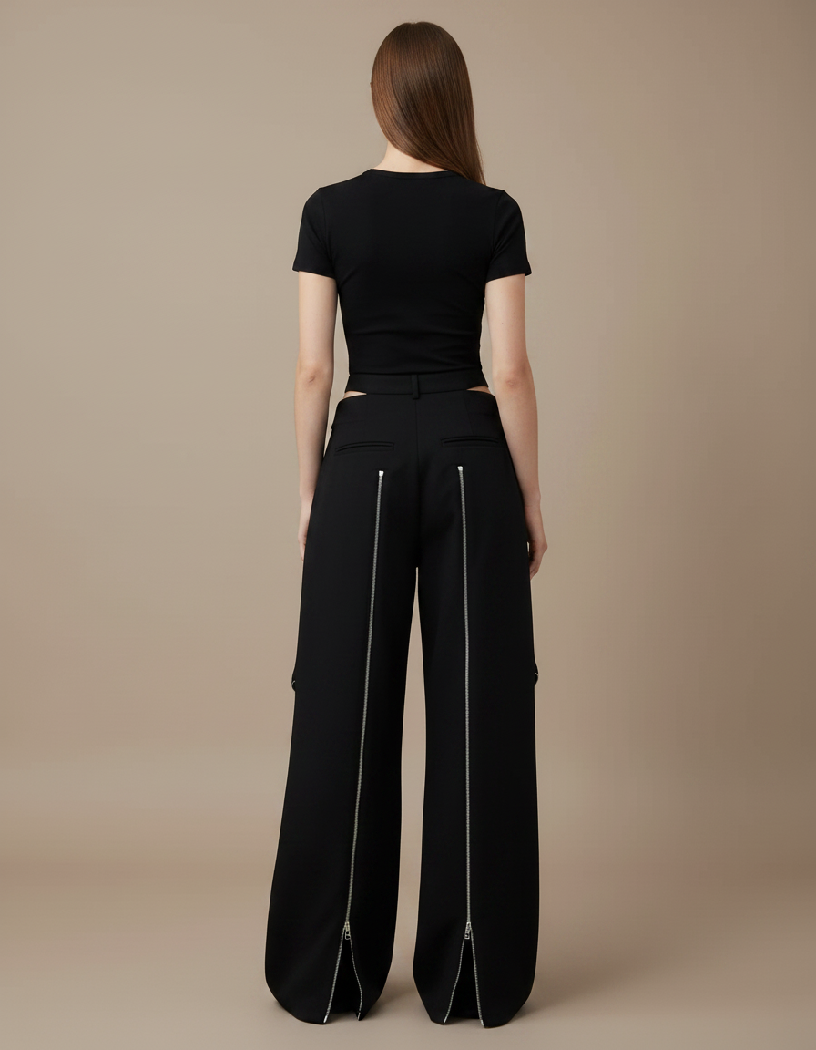 Pantalon Noir Ample Zippé Chaînes Découpé Femme - Polyester - vue 2