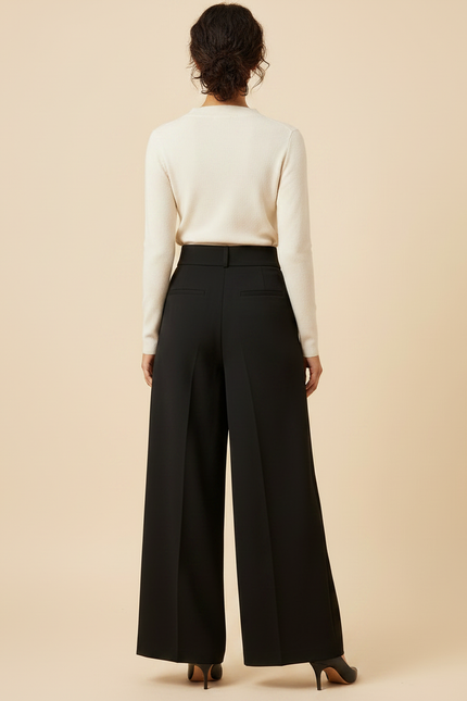 Pantalon Noir Large Taille Haute Élégant Femme - Polyester - vue 2