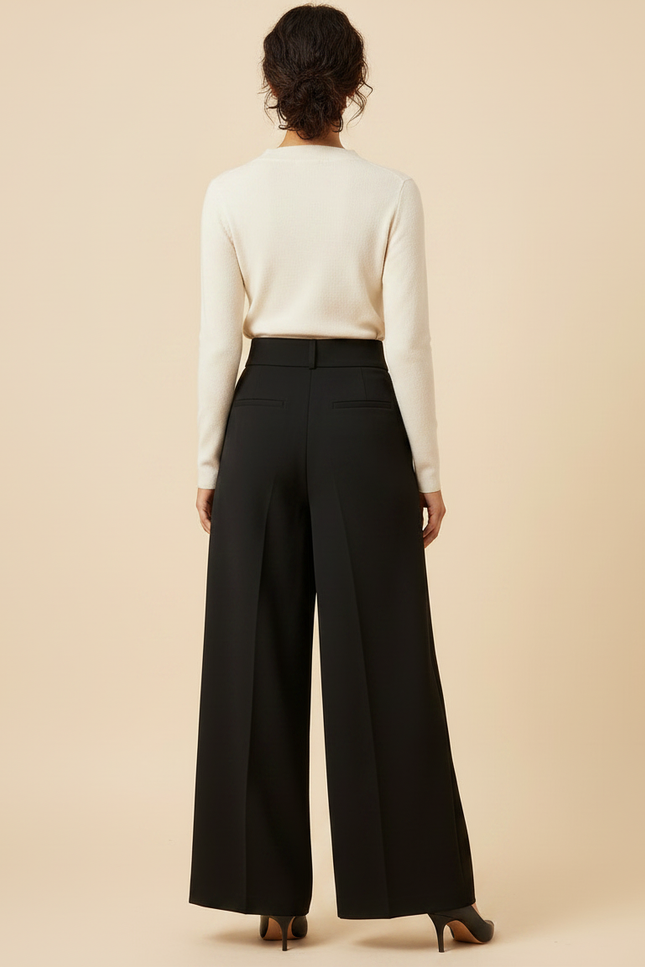 Pantalon Noir Large Taille Haute Élégant Femme - Polyester - vue 2