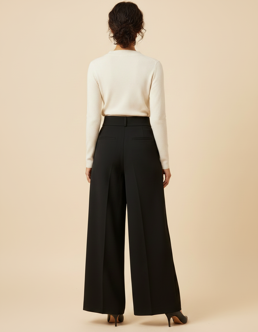Pantalon Noir Large Taille Haute Élégant Femme - Polyester - vue 2